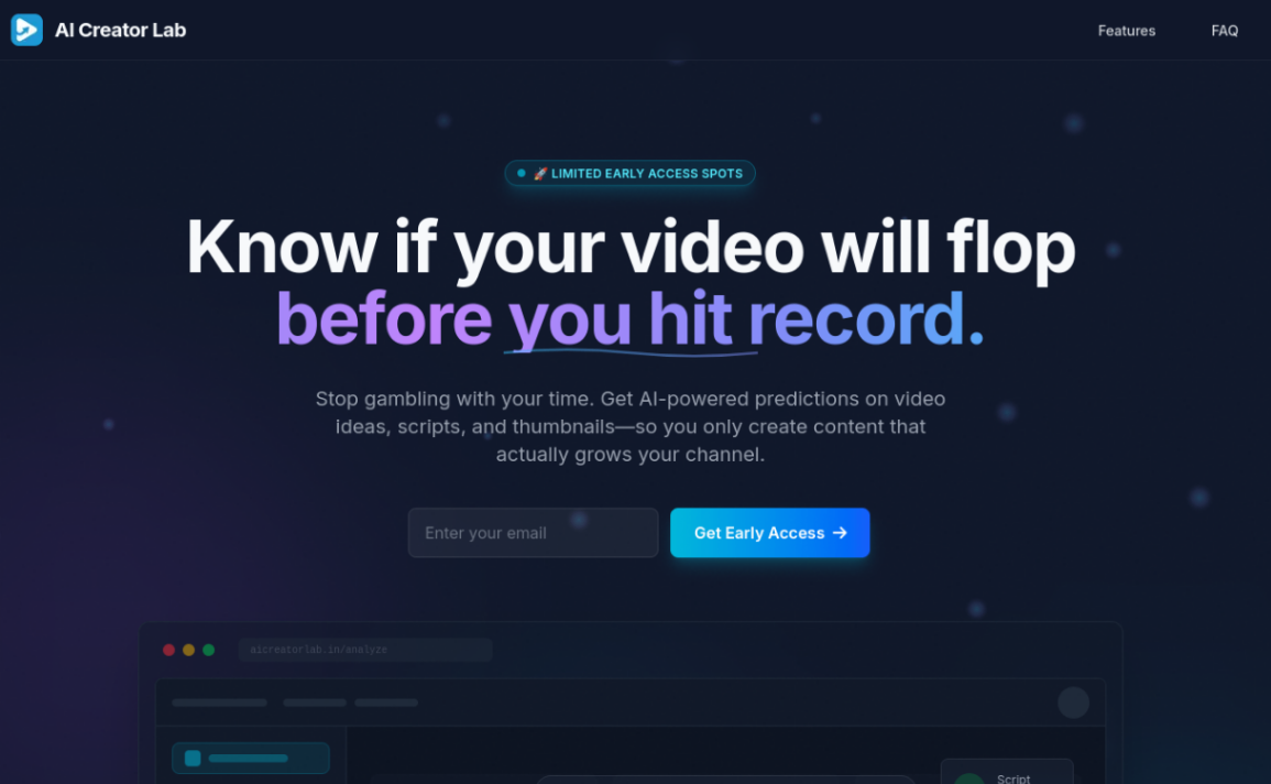 AI Creator Lab - AI-Powered YouTube Idea Validation & Growth screenshot and logo